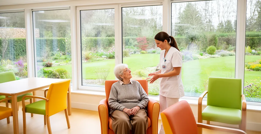 Aide-soignante discutant avec une résidente dans une salle commune lumineuse d'EHPAD
