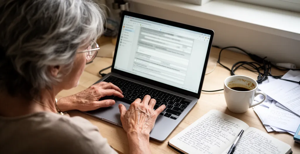 Femme de 55 ans consultant un site internet sur ordinateur portable dans un bureau à domicile