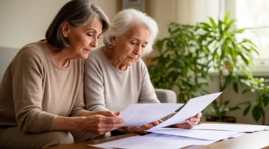 Femme de 55 ans et sa mère de 80 ans consultant des documents ensemble dans un salon lumineux