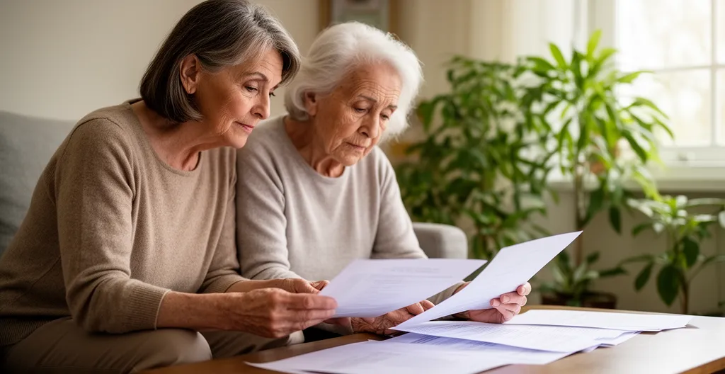 Femme de 55 ans et sa mère de 80 ans consultant des documents ensemble dans un salon lumineux