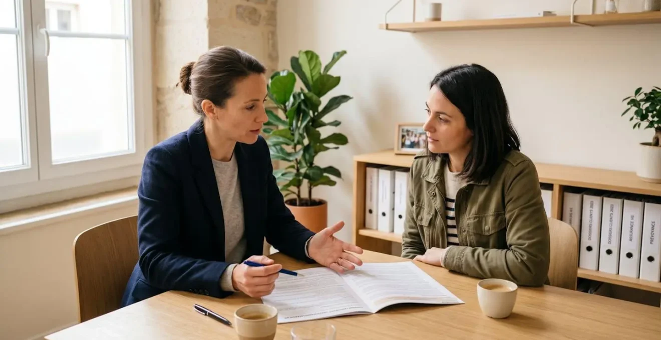 Conseillère en mutuelle expliquant un document de garanties à une cliente lors d'un entretien individuel dans un bureau lumineux avec table en bois clair