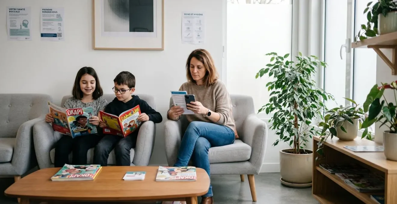 Mère consultant son smartphone dans une salle d'attente de cabinet dentaire avec ses deux enfants feuilletant des magazines, lumière naturelle douce
