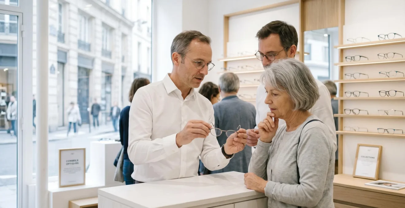 Opticien présentant une monture discrète à une cliente senior dans un magasin d'optique français moderne avec présentoir mural de lunettes et lumière naturelle