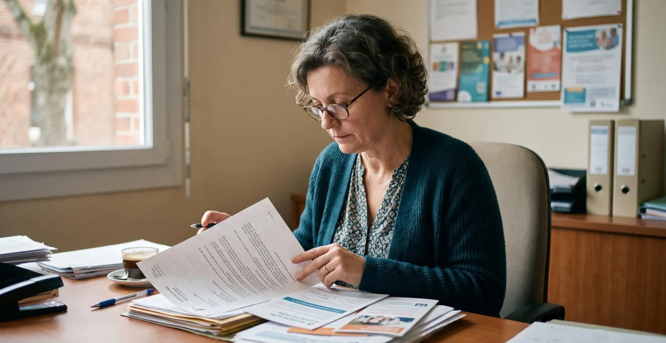 Aidante familiale consultant des documents de mutuelle et papiers administratifs dans un bureau d'EHPAD