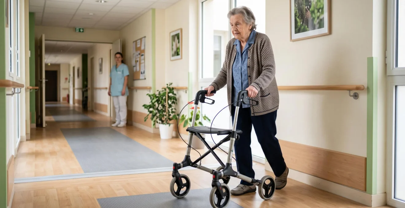 Résidente senior se déplaçant avec un déambulateur dans le couloir lumineux d'un EHPAD moderne